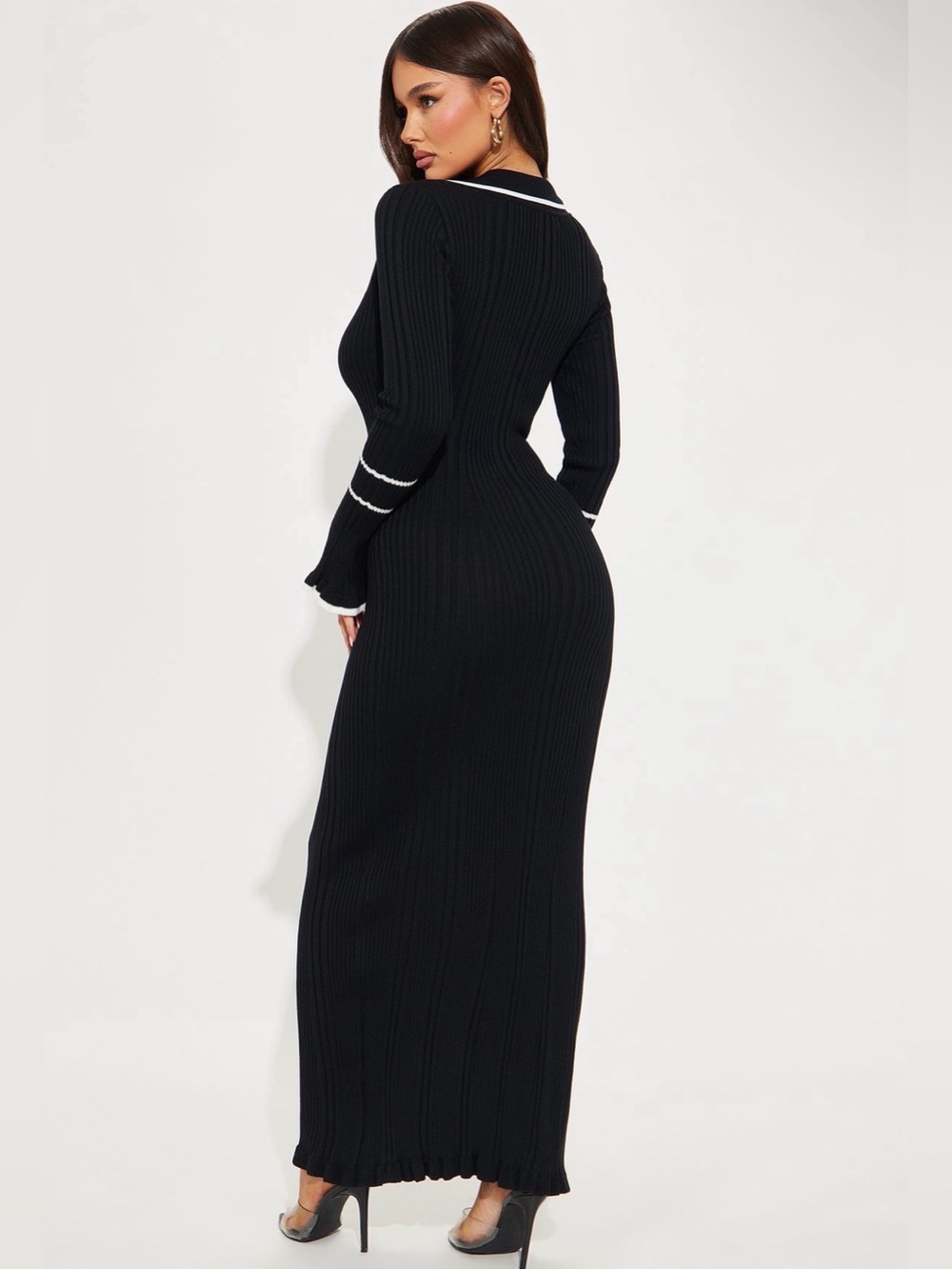 Black Long Sleeve Ribbed Maxi Dress with Contrast Trim and gold buttons - Picture 3 of 6